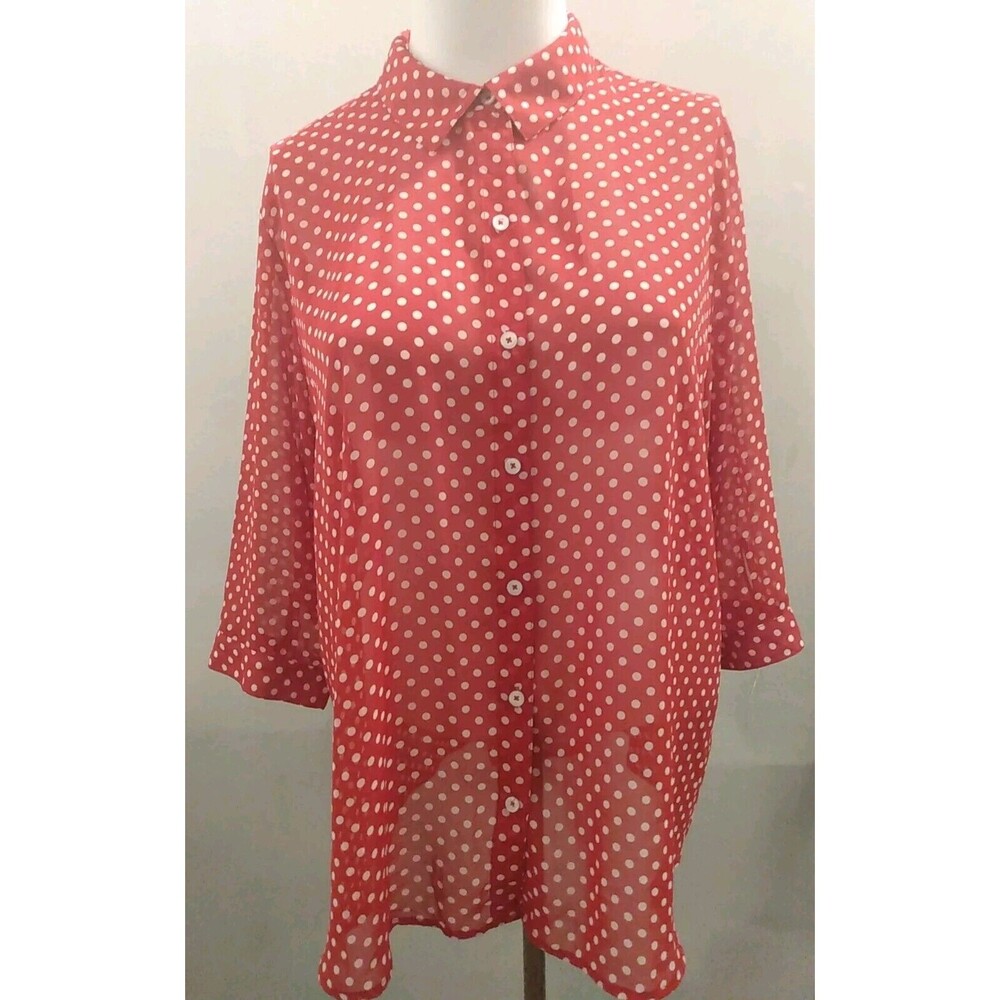 Susan Graver Red White Polka Dot Sheer 3/4 Sleeve Button Down Shirt Size‎ 1X